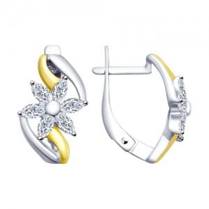 C925 Серьги с фианитом прозрачным "ромашка", 3.08г, родиум, огранка, замок англ.