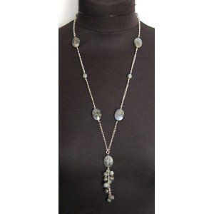 Колье-цепочка из лабрадорита (овалы огранка) + агат серый (шарик 6мм)