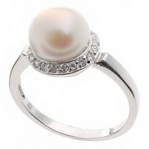 C925 Кольцо с жемчугом и фианитом прозрачным, 5.84г, родиум