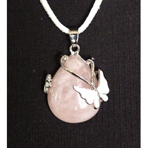 Кулон из кварца розового с бабочкой, капля 25х20мм