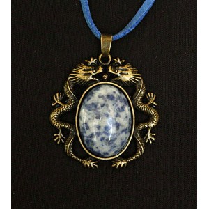 Кулон из лазурита (бело-синий), овал 25х18мм, оправа цвет бронза 2 дракона
