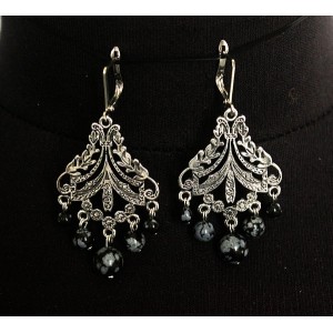 Серьги из обсидиана снежного, шарик 8,6,4мм, коннектор "джунгли"