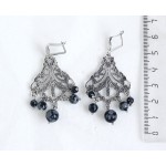 Серьги из обсидиана снежного, шарик 8,6,4мм, коннектор "джунгли"