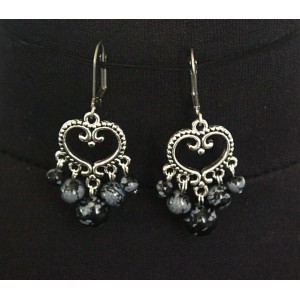 Серьги из обсидиана снежного, коннектор "сердце витое"