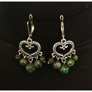 Серьги из цоизита, шарик 8, 6, 4мм, коннектор "сердце витое"