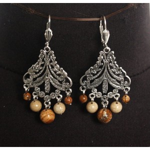 Серьги из яшмы песочной, шарик 8,6,4мм, коннектор "джунгли"