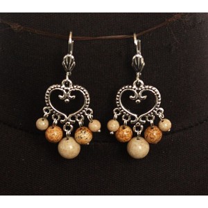 Серьги из яшмы песочной, шарик 8, 6, 4мм, коннектор "сердце витое"