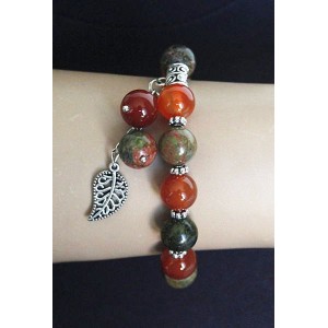 Браслет из сердолика и унакита, шарик 10мм, с подвеской