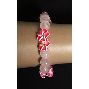 Браслет из кварца розового, шарик 12мм+цветы из полимерной глины