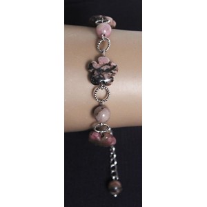 Браслет из родонита, цветы+шарик, на колечках