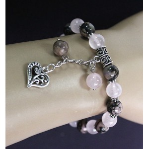 Браслет из родонита и кварца розового, шарик 8мм, с подвеской