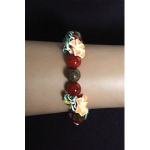 Браслет из сердолика и унакита, шарик 10мм+цветы из полимерной глины