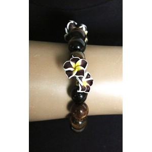 Браслет из тигрового глаза, шарик 12мм+цветы из полимерной глины