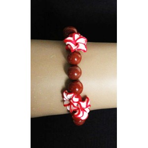 Браслет из яшмы красной, шарик 10мм + цветы из полимерной глины