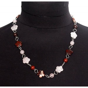 Бусы из кварца розового и яшмы коричневой, цветок+шарик, на колечках