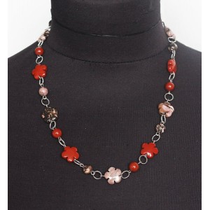 Бусы из родонита и яшмы красной, цветок+шарик, на колечках