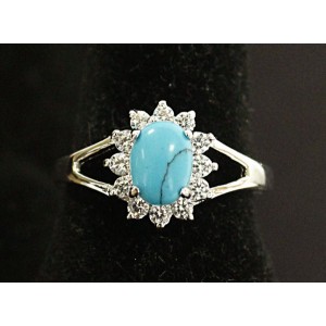 Кольцо с бирюзой (имитация), родиум, цвет темно-голубой "малый овал в цирконах"