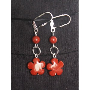 Серьги из яшмы красной, цветок+шарик, на колечках