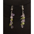 Серьги из аметиста и хризолита, овалы, на цепочке