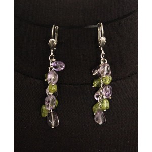 Серьги из аметиста и хризолита, овалы, на цепочке