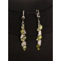Серьги из кварца розового и хризолита, овалы, на цепочке