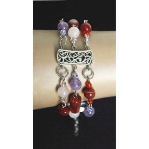 Браслет из аметиста, сердолика, кварца розового, коннектор "вьюнок", шарик 8мм +цилиндр, на колечках