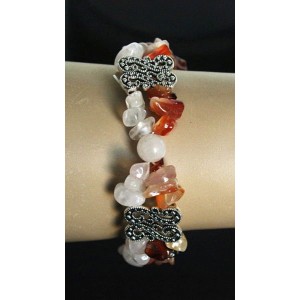 Браслет из сердолика, кварца розового, коннектор "2 змейки", шарик 8мм +галтовка, на резинке