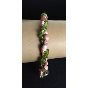 Браслет из родохрозита и хризолита, галтовка 5-7мм, жгут 2 нити, на застежке