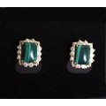 Серьги из малахита, прямоугольник в цирконах 10х7мм