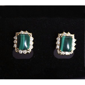 Серьги из малахита, прямоугольник в цирконах 10х7мм