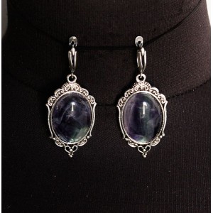 Серьги из флюорита, овал 25х18мм, оправа "медальон", швензы посеребрение
