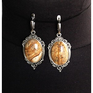 Серьги из яшмы песочной, овал 25х18мм, оправа "медальон", швензы посеребрение
