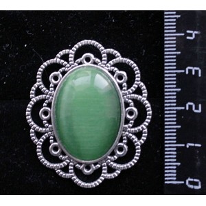 Брошь из кошачьего глаза (синт.), овал 25х18мм, цвет зеленый травяной, "ромашка"