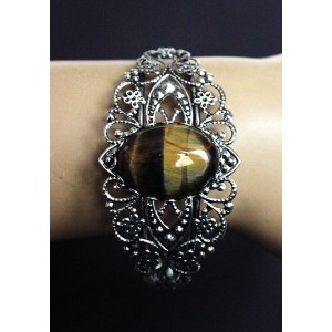 Браслет из тигрового глаза, овал 25х18мм, жесткая основа цвет ант. серебро