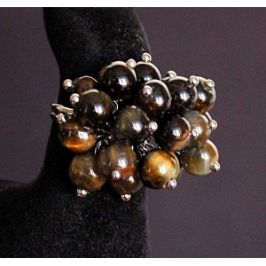 Кольцо с тигрово-соколиным глазом "гроздь" безразмерное