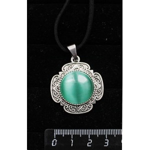 Кулон из кошачьего глаза (синт.), цвет зеленый мятный, круг 20мм, оправа "4 лепестка"