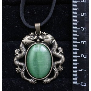 Кулон из кошачьего глаза (синт.), цвет зеленый травяной, овал 25х18мм, оправа цвет бронза "2 дракона"