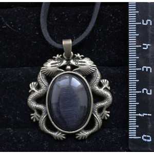 Кулон из кошачьего глаза (синт.), цвет черный, овал 25х18мм, оправа цвет бронза "2 дракона"