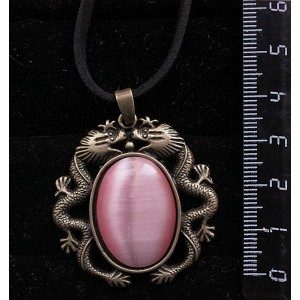 Кулон из кошачьего глаза (синт.), цвет розовый, овал 25х18мм, оправа цвет бронза "2 дракона"