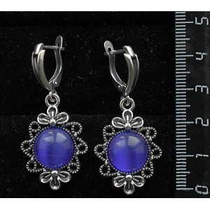 Cерьги из кошачьего глаза (синт.), круг 12мм, "2 цветка" цвет синий индиго,  швензы посеребрение