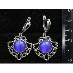 Серьги из кошачьего глаза (синт.), круг 12мм, цвет синий индиго, оправа "балерина",  швензы посеребрение