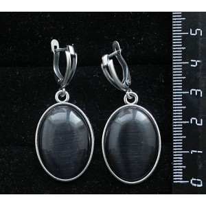 Серьги из кошачьего глаза (синт.), цвет черный, простой овал 25х18мм, швензы посеребрение