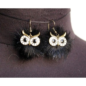 Серьги "сова" с мехом, цвет черный