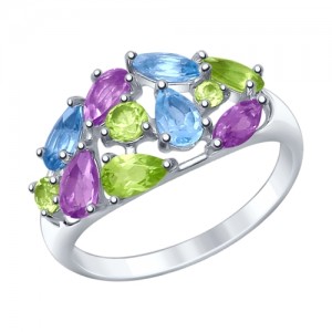 C925 Кольцо 1,96 г, камни аметист, топаз, хризолит, родирование, р-р 18