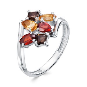 C925 Кольцо 2,36 г, камни гранат, раухтопаз, цитрин, родирование, р-р 17.5