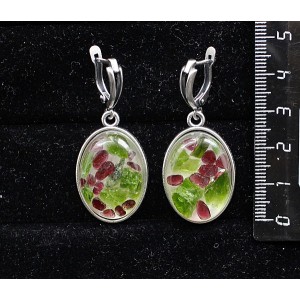 Серьги из хромдиопсида и граната (кабошон-мозаика), простой овал 25х18мм, швензы посеребрение