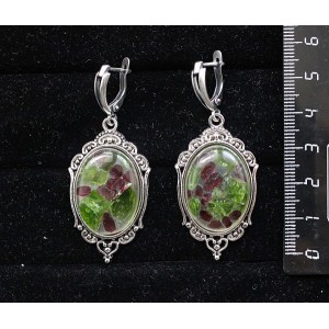 Серьги из хромдиопсида и граната (кабошон-мозаика), овал 25х18мм, оправа "медальон", швензы посеребрение