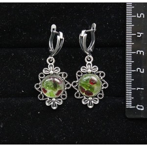 Серьги из хромдиопсида и граната (кабошон-мозаика) "2 цветка", круг 12мм, швензы посеребрение