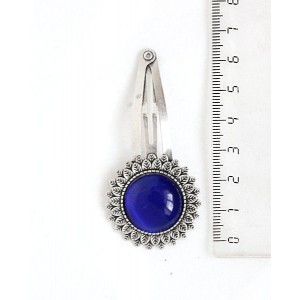 Заколка - зажим для волос с кошачьим глазом (синт.),  цвет синий индиго, "подсолнух", круг 20