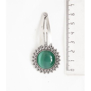 Заколка - зажим для волос с кошачьим глазом (синт.),  цвет зеленый мятный, "подсолнух", круг 20